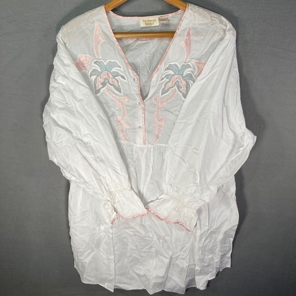 Victoria's Secret Tops - Vintage Victorias Secret Embroidered Tunic Top White Pink Cotton Blend Size L